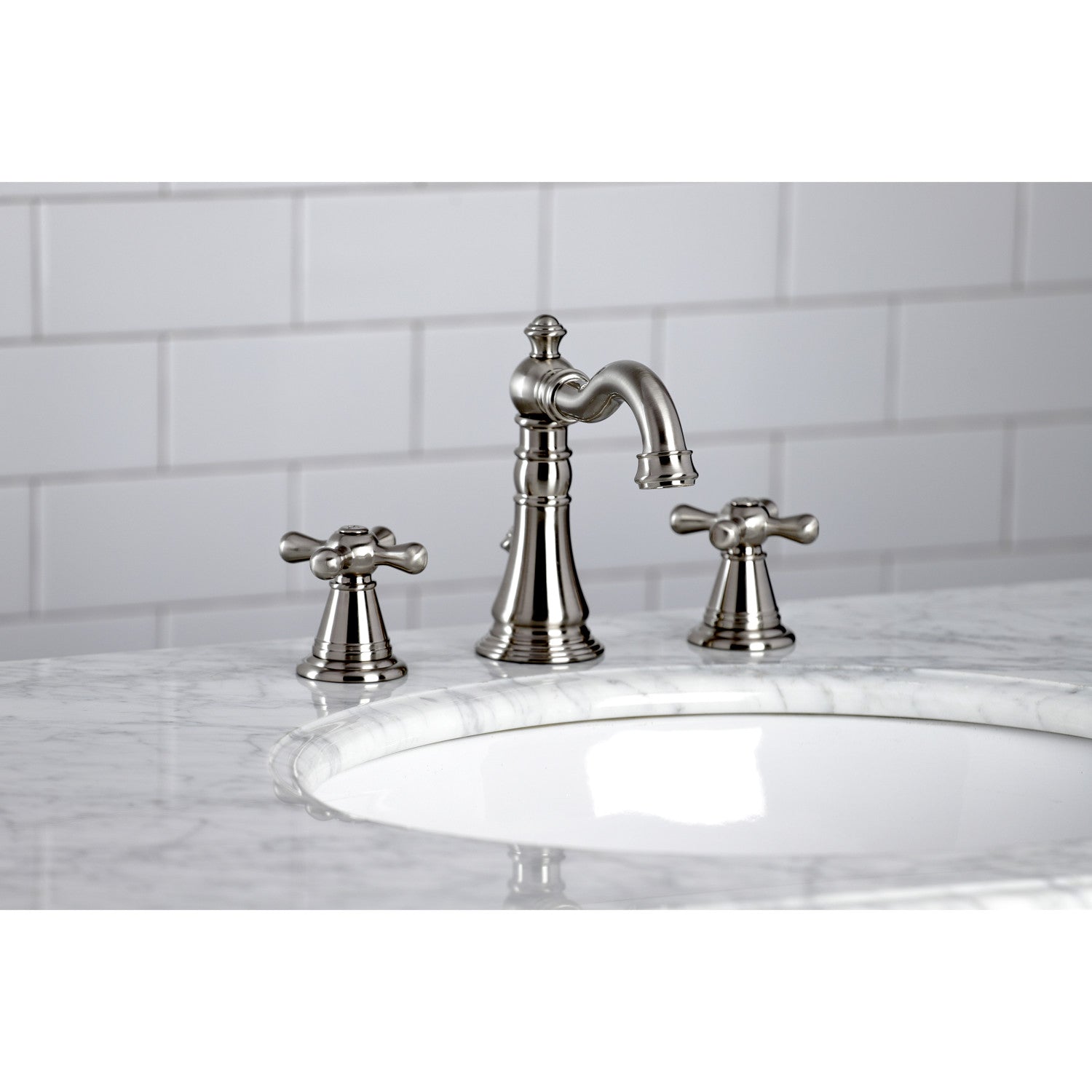 Kingston Heirloom FSC1978AAX - American Classic Two-Handle 3-Hole Deck Mount Widespread Bathroom Faucet with Pop-Up Drain, Brushed Nickel — thumbnail 2